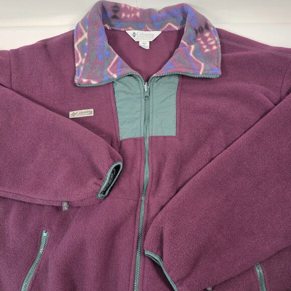 Vintage Columbia Jacket Mens XL Burgundy/Green Aztec Fleece Full Zip Made in USA - Picture 2 of 11